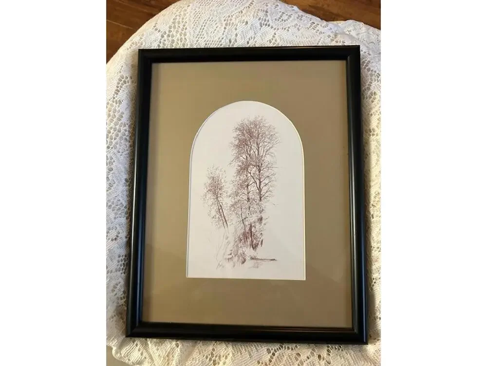 Framed Botanical Tree Art Print in Black Frame and Tan Mat